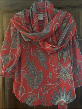 Gretchen Scott Designs Red Paisley Silk Blouse with attached Scarf/Drape